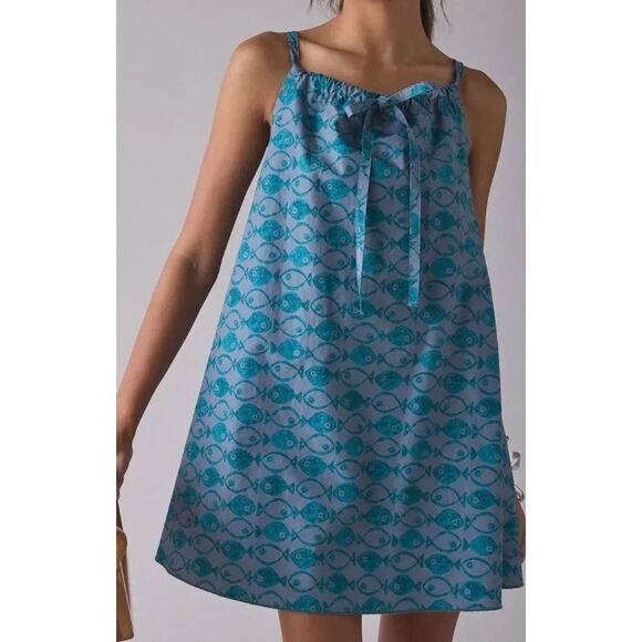 BDG x Urban Outfitters Sz Sm. Blue Eva Tie-Front Ruched Strap Trapeze Mini Dress - Picture 10 of 11